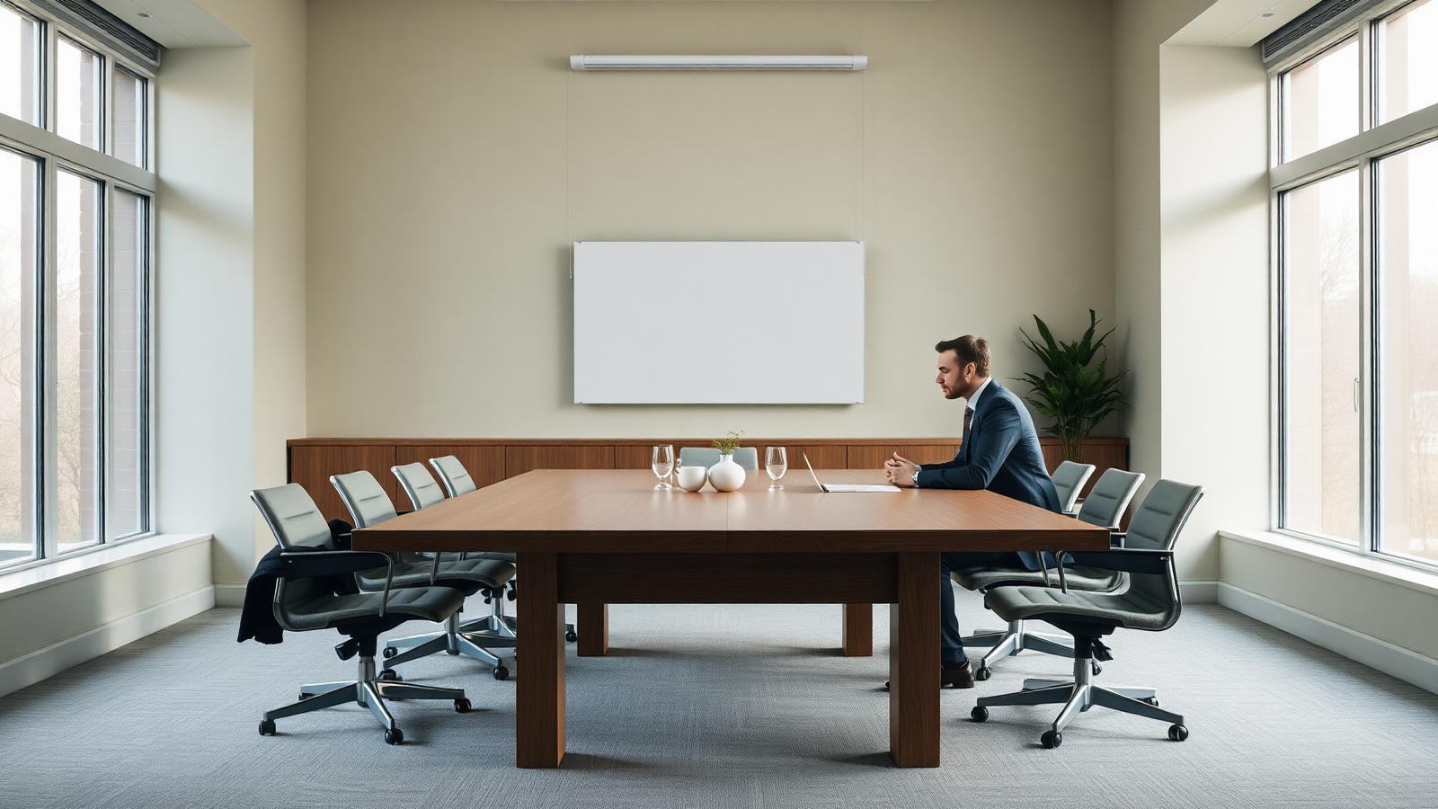 A minimalist advisory boardroom with two professionals in conversation