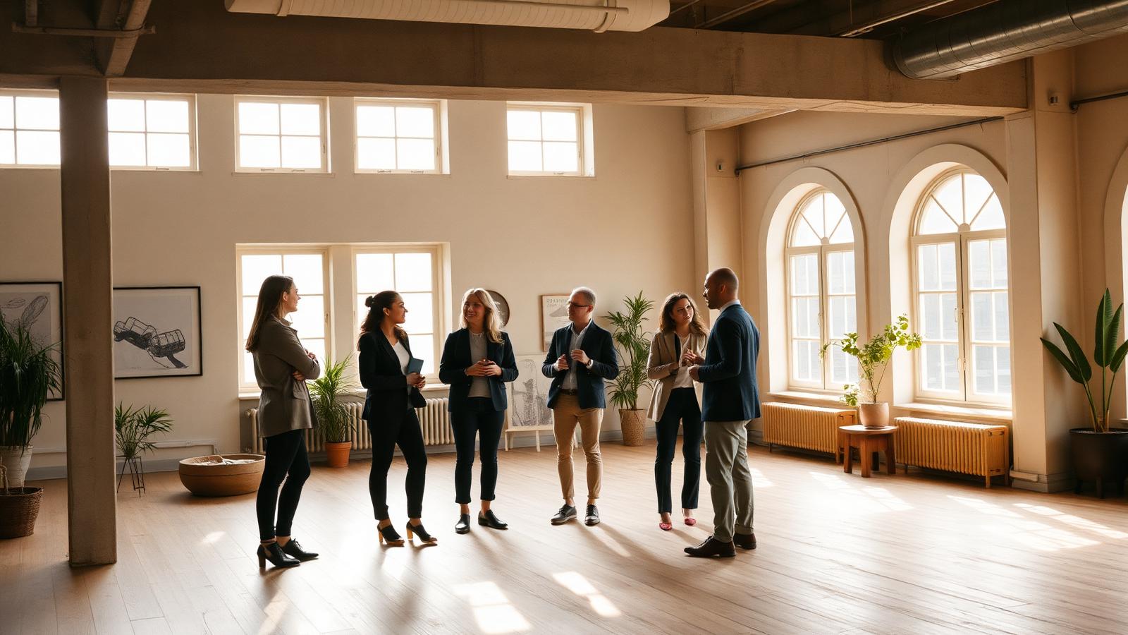 A diverse group of professionals conversing in a sunlit loft