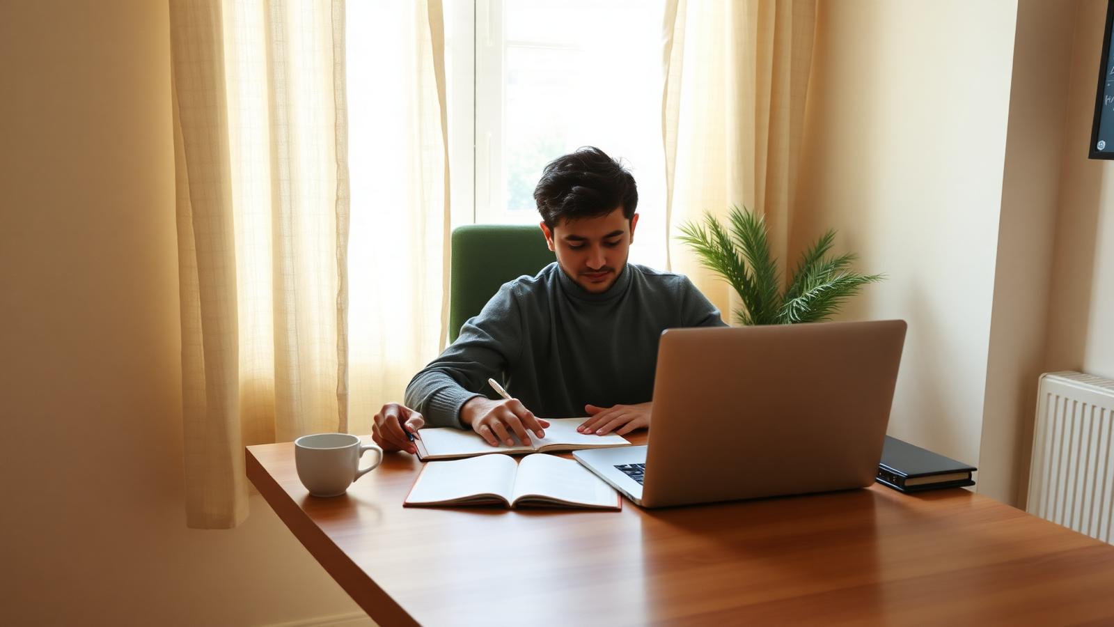 A focused professional studying at a sunlit wooden desk