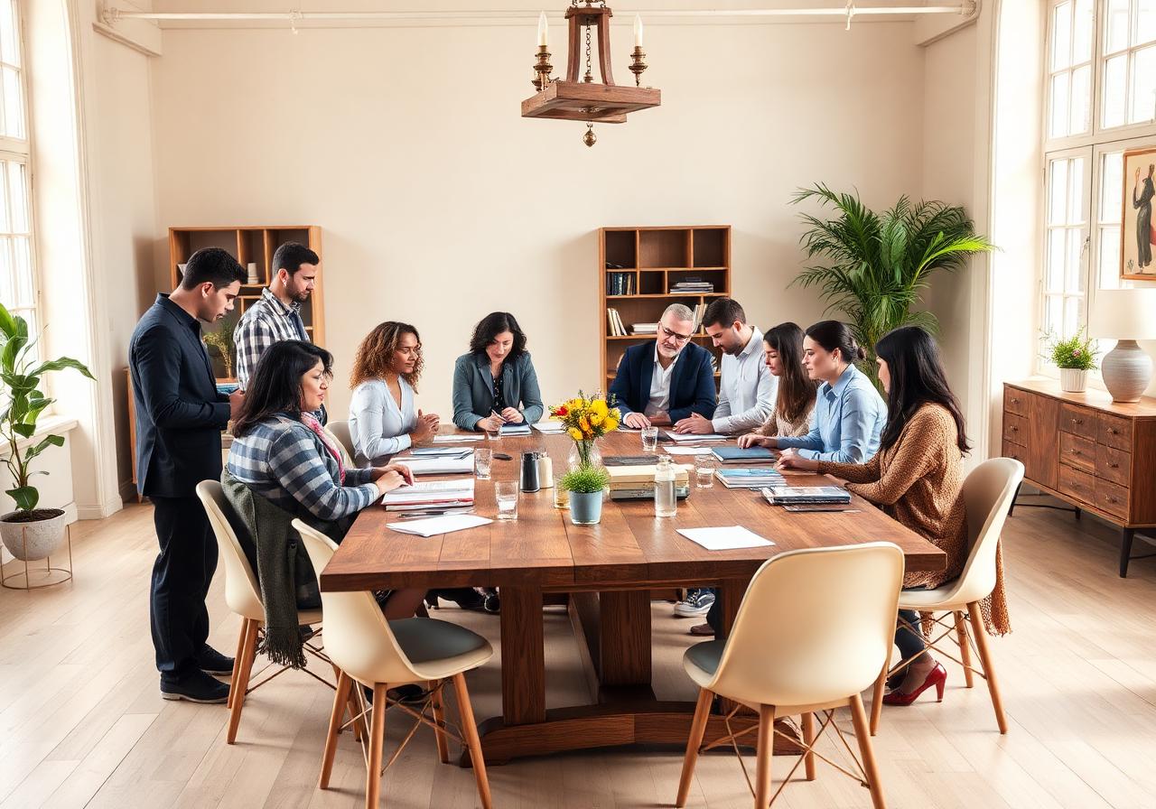 A diverse group of professionals collaborating around a wooden table in a sunlit studio